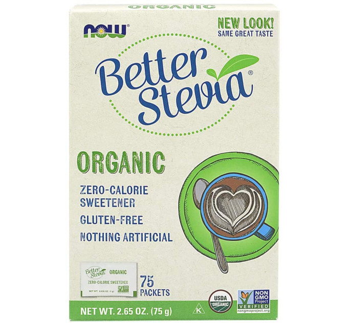 NOW Foods Better Stevia Organic, Zero-Calorie Sweetener, Non-GMO, Gluten-Free, Натуральный подсластитель 75 пакетов (по 1 г каждый)